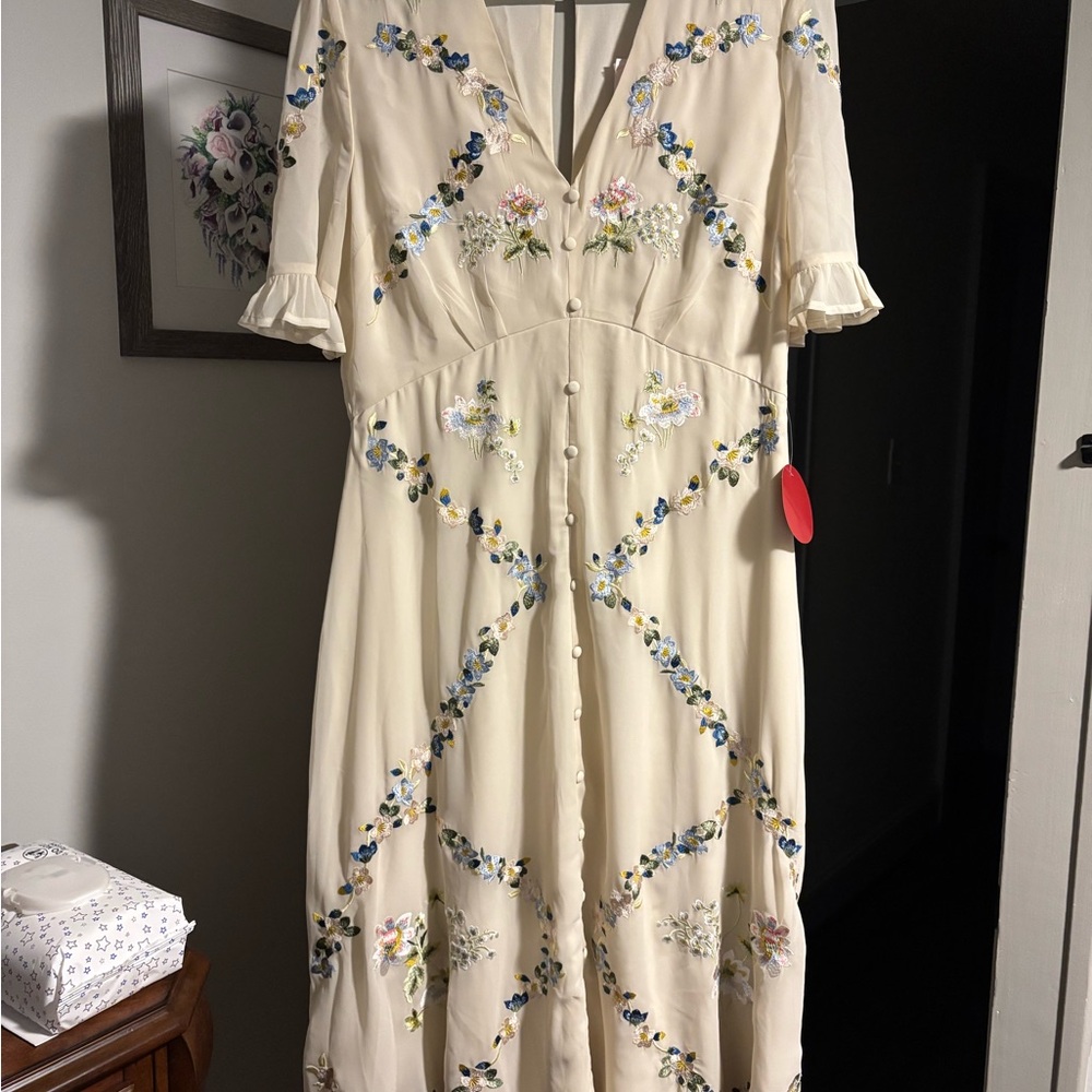 Cream Puff Sleeve V-Neck Midi Dress